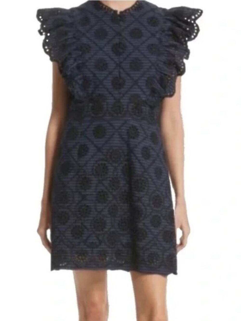 Sea New York Women’s Dasha Navy Blue Striped Eyelet Lace Bib Cotton Mini Dress